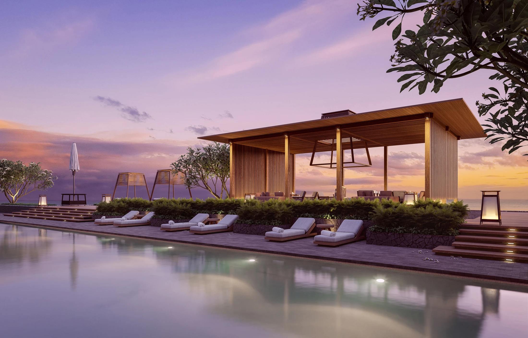Anda Resort exterior and pool at dusk — design visualization