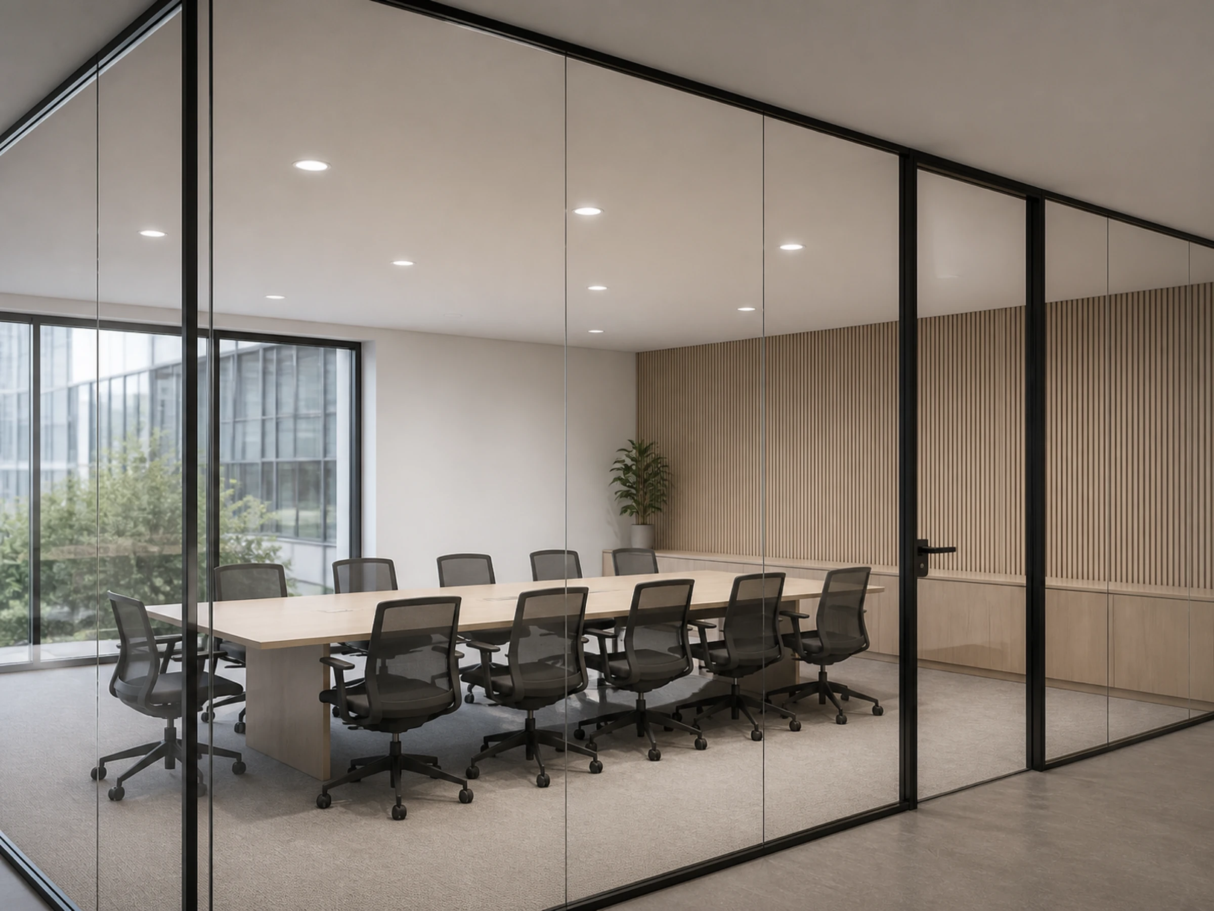 Efficy recessed downlights used across a contemporary meeting room