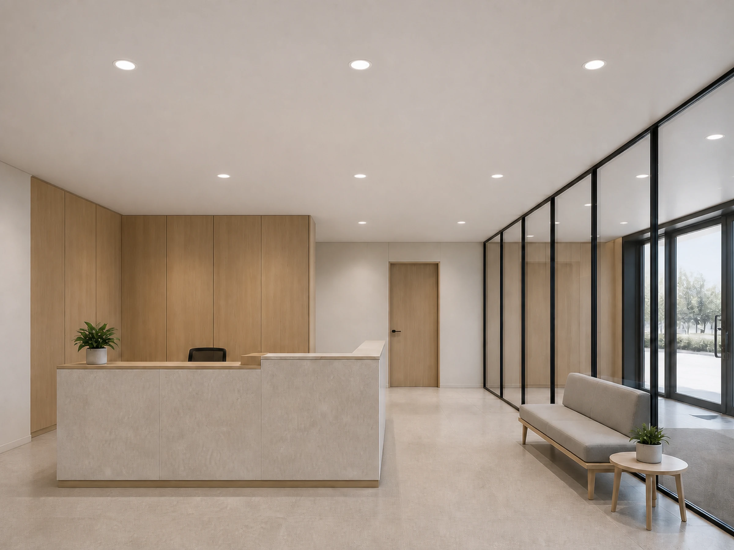 Efficy recessed downlights used across a reception and circulation area
