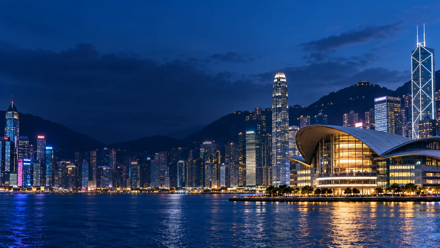 Illustrated Hong Kong harbour and convention centre at dusk