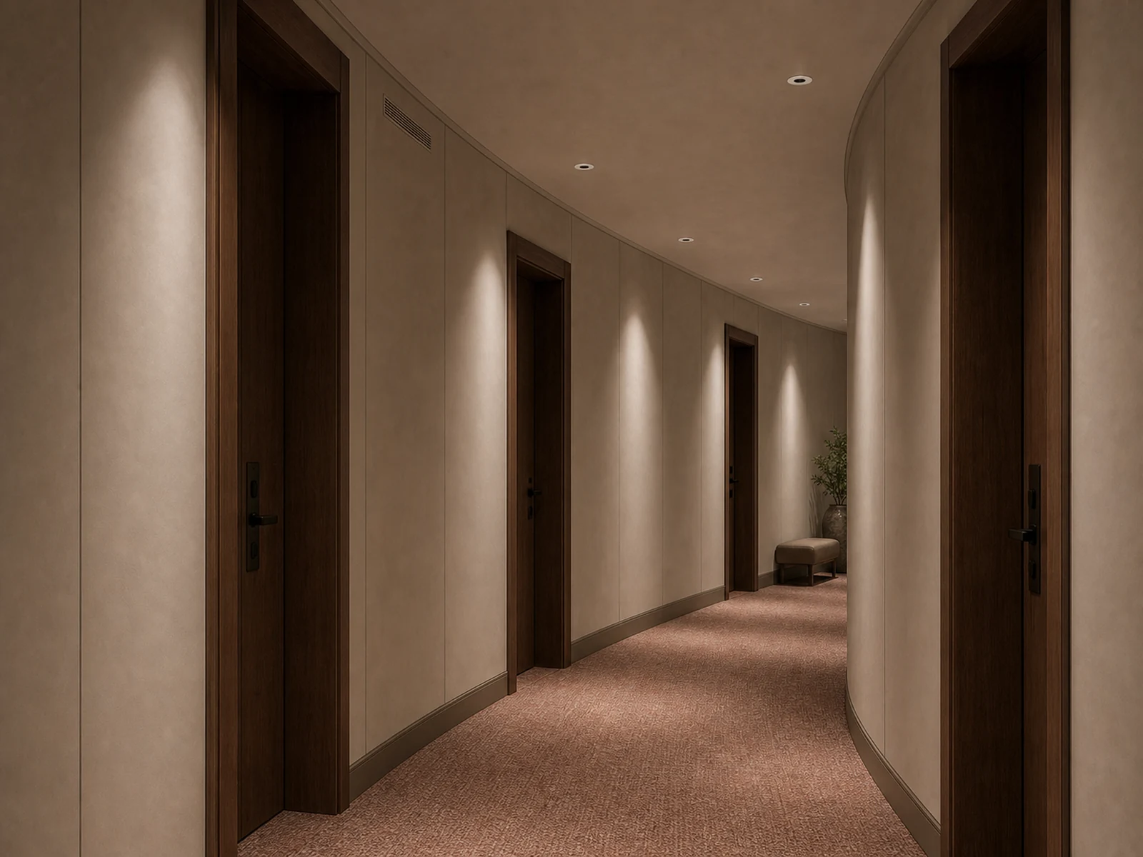 Dark II recessed downlights used along a hotel corridor