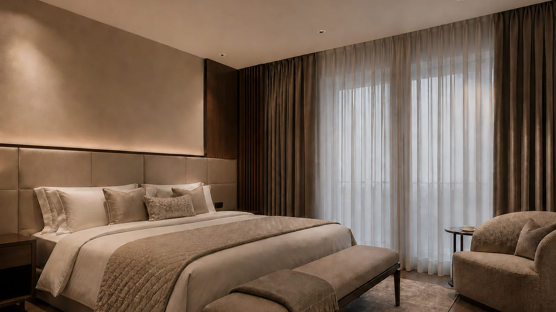 Dark II recessed downlights in a contemporary hospitality guest room