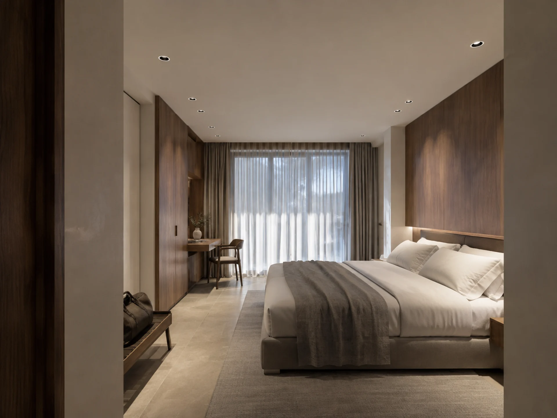 Dark downlights used in a hospitality guest room