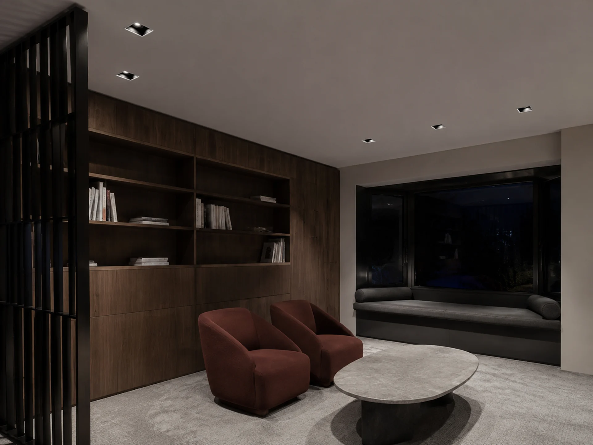 Dark downlights used in a residential lounge