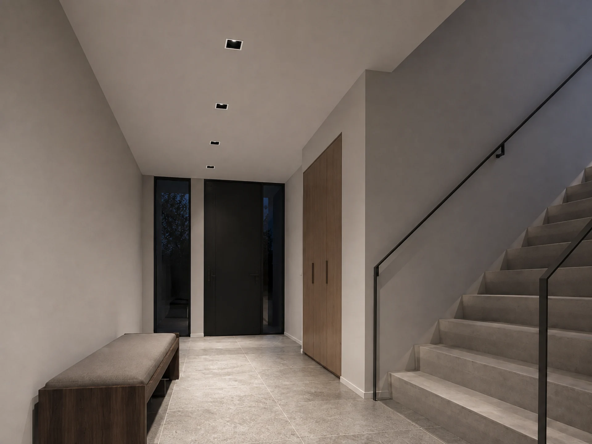 Dark downlights used along an interior stair