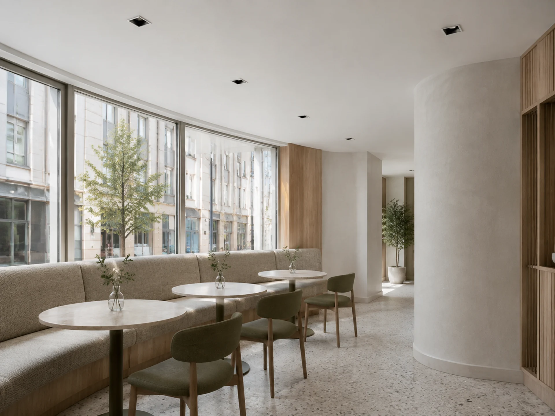 Dark square recessed downlights in a contemporary hospitality dining space