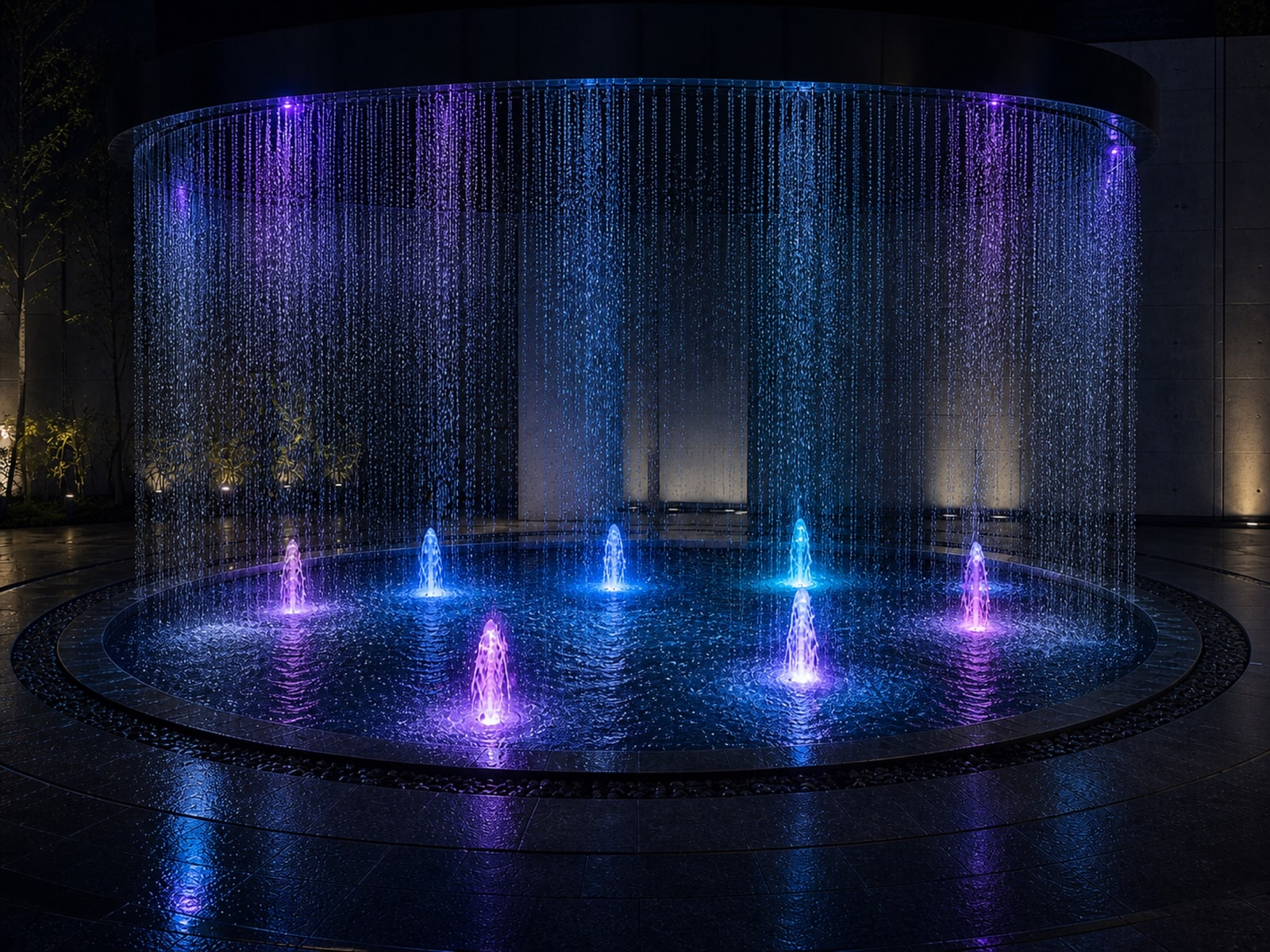 Circular rain curtain fountain illuminated by UW02 fountain lights