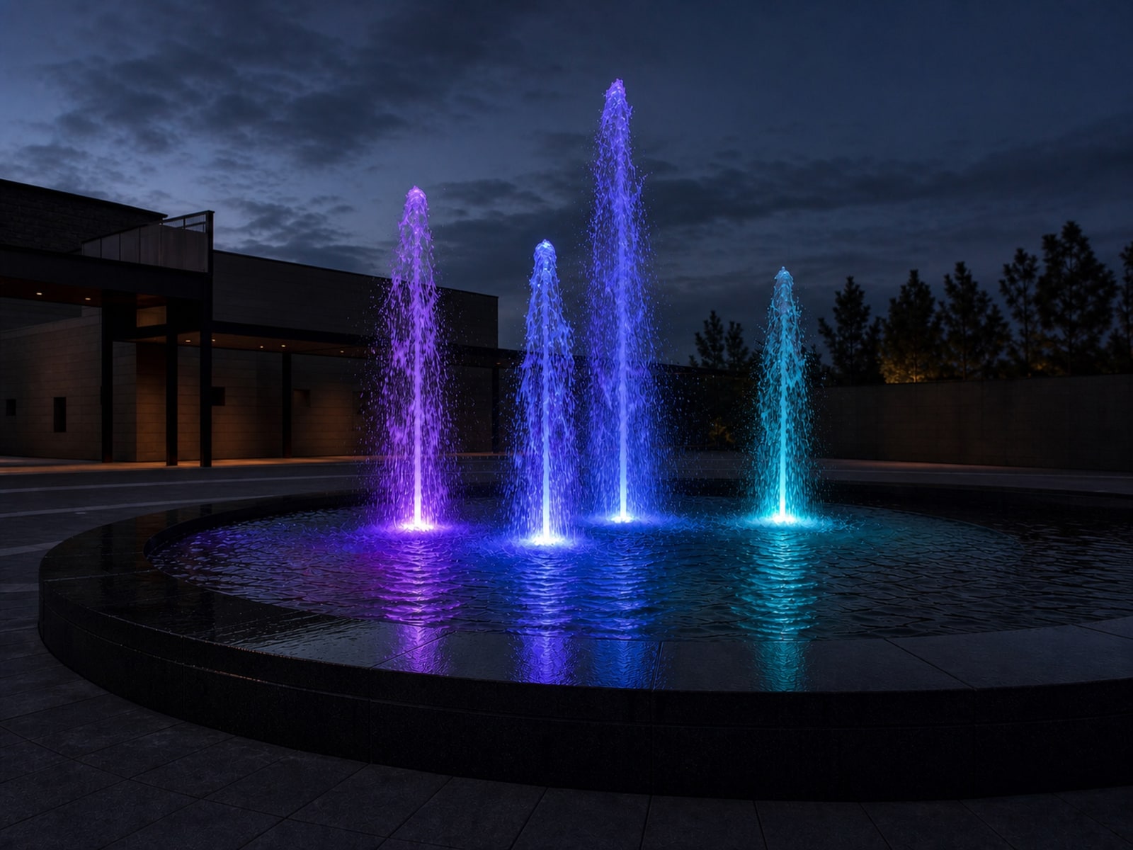 Large circular fountain illuminated by UW02 fountain lights
