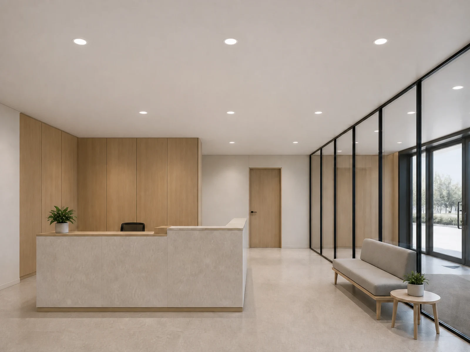 Downlights empotrados Efficy distribuidos en una recepción y zona de paso
