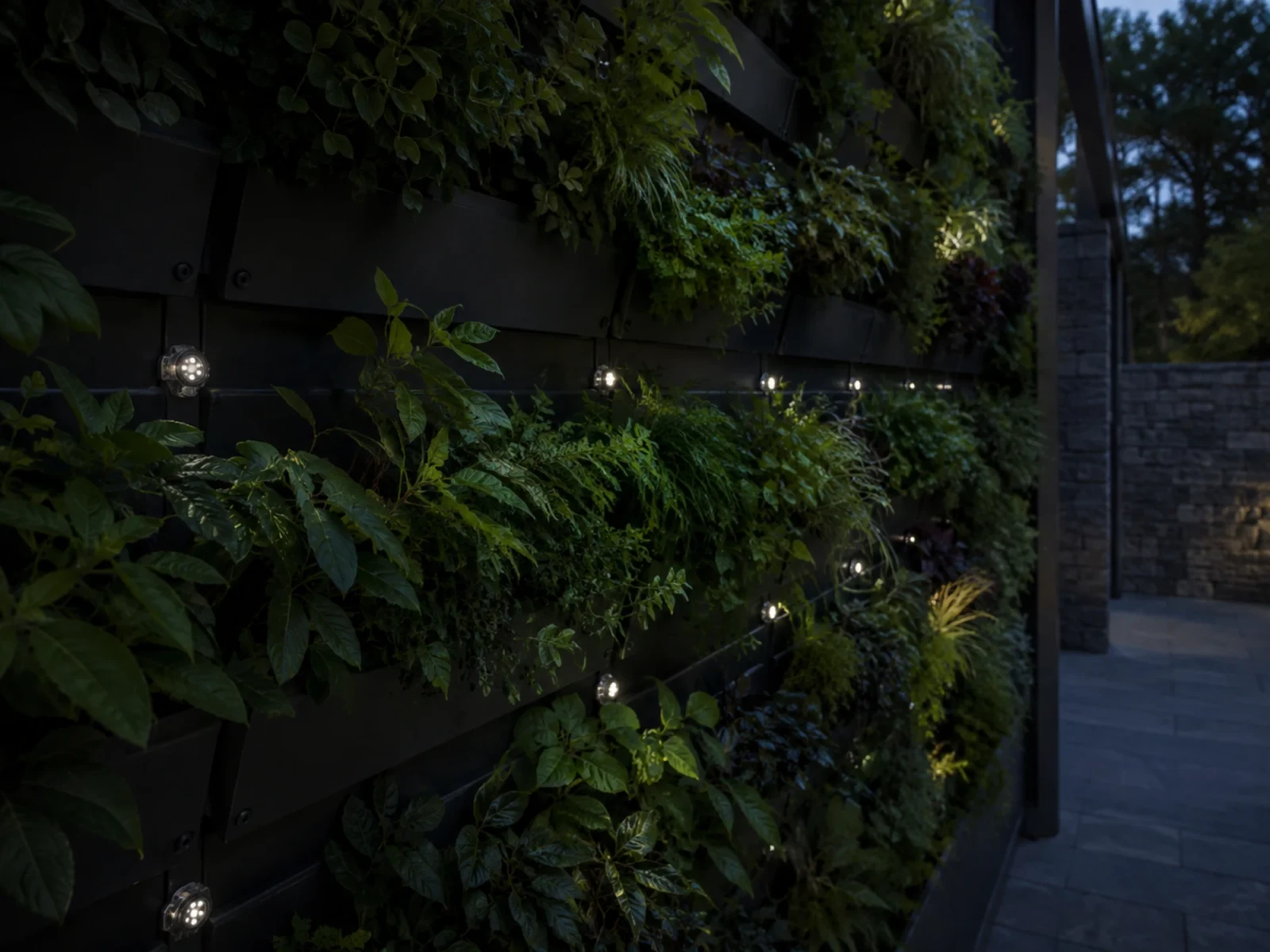 Luminarias compactas de píxeles integradas en un muro vegetal exterior