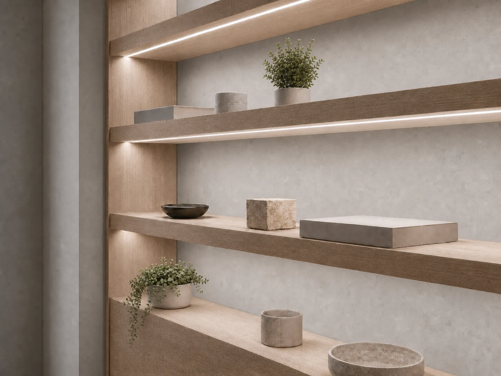 LED strip lighting integrated below architectural shelving