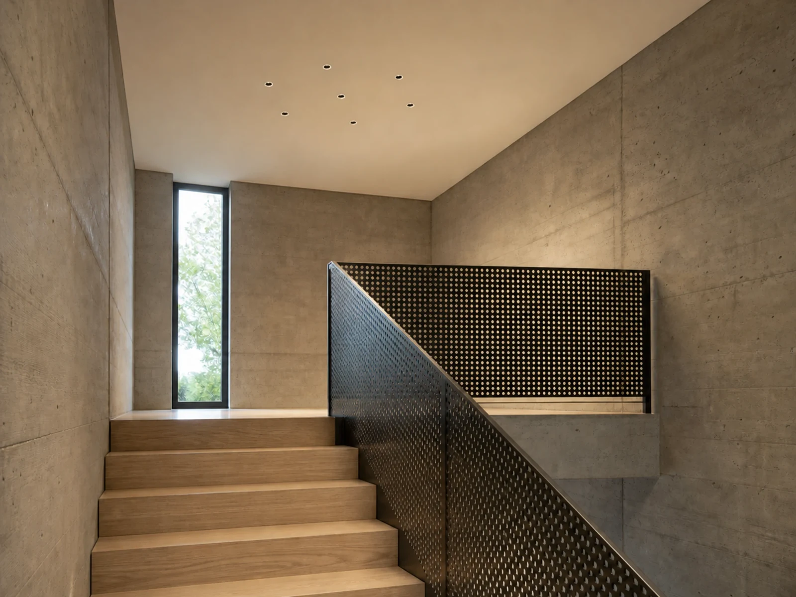 Downlights empotrados Pino que iluminan un rellano de escalera contemporáneo