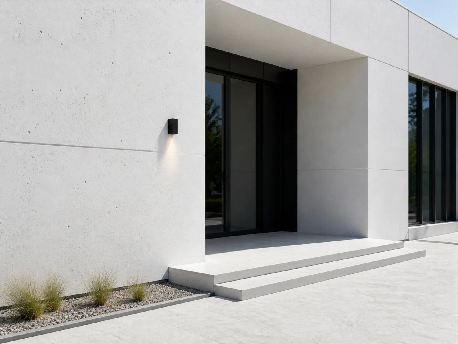 Aplique WL08 integrado en una fachada de entrada contemporánea con luz diurna