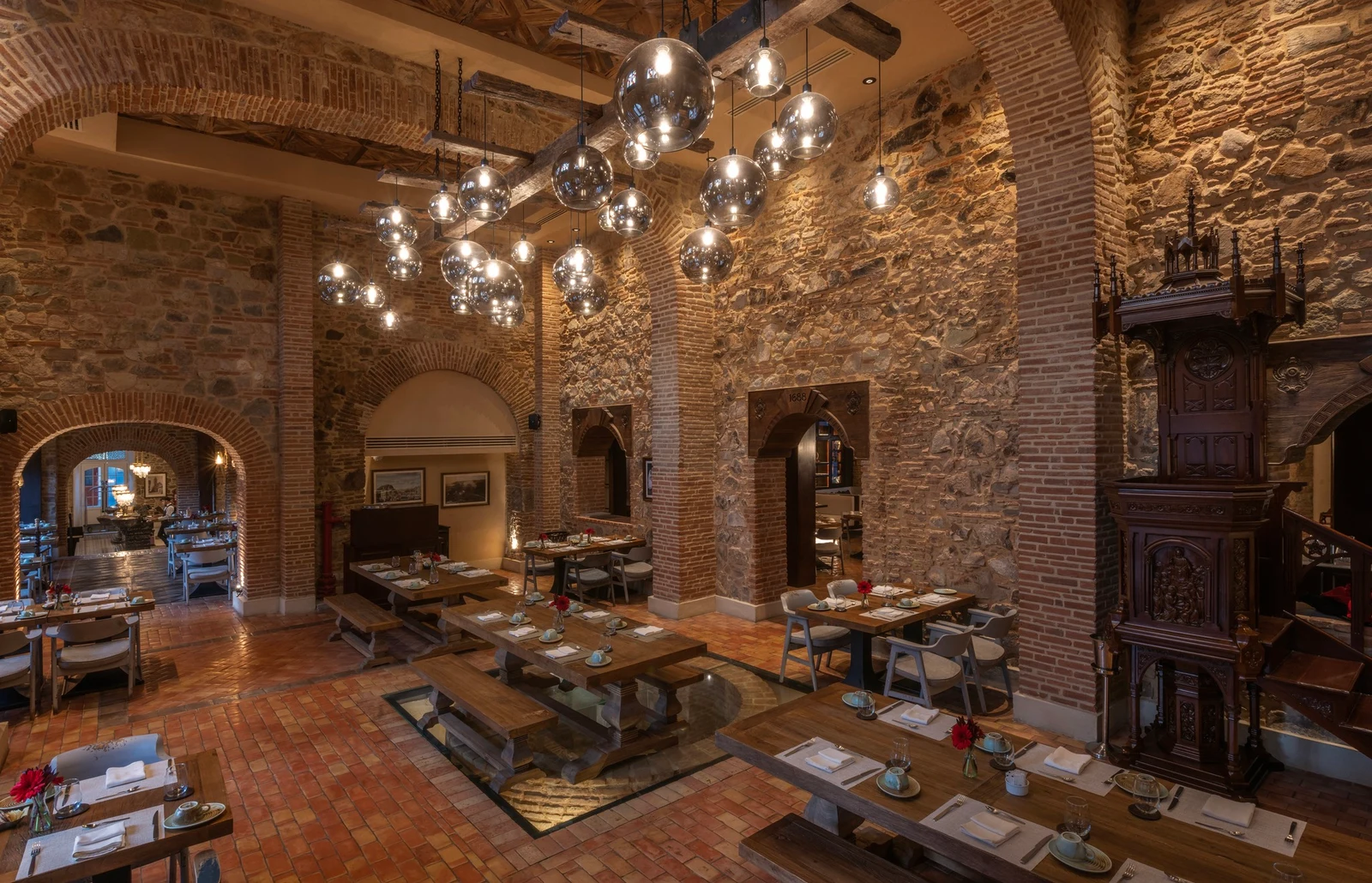 Glass pendants and brickwork