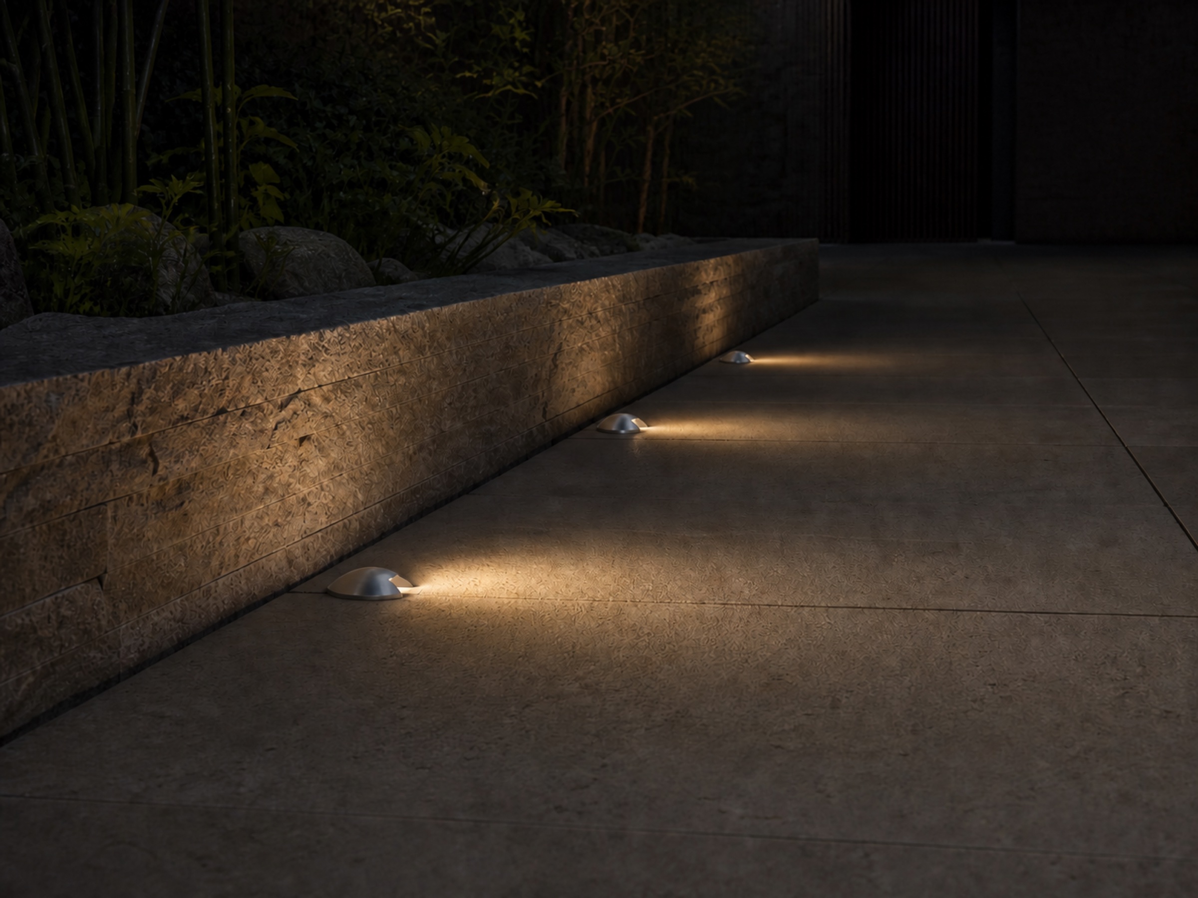 Shielded IG01 marker lights along an exterior path