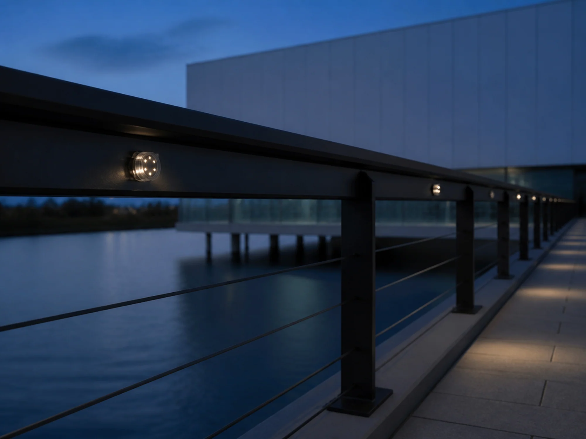 Compact pixel lights integrated into an exterior railing