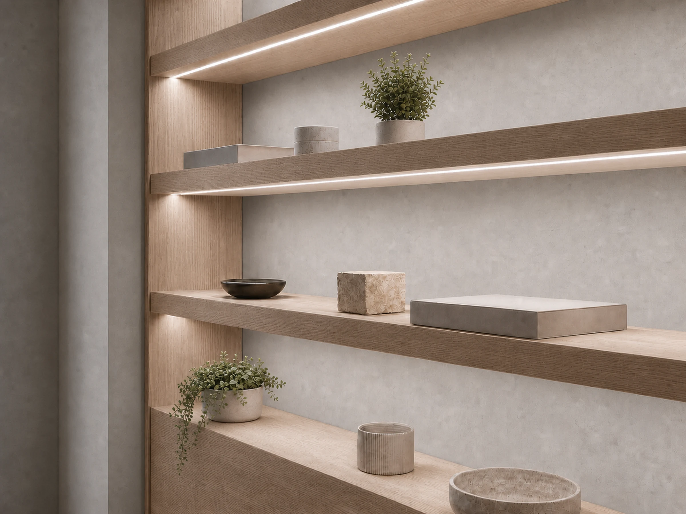 LED strip lighting integrated below architectural shelving