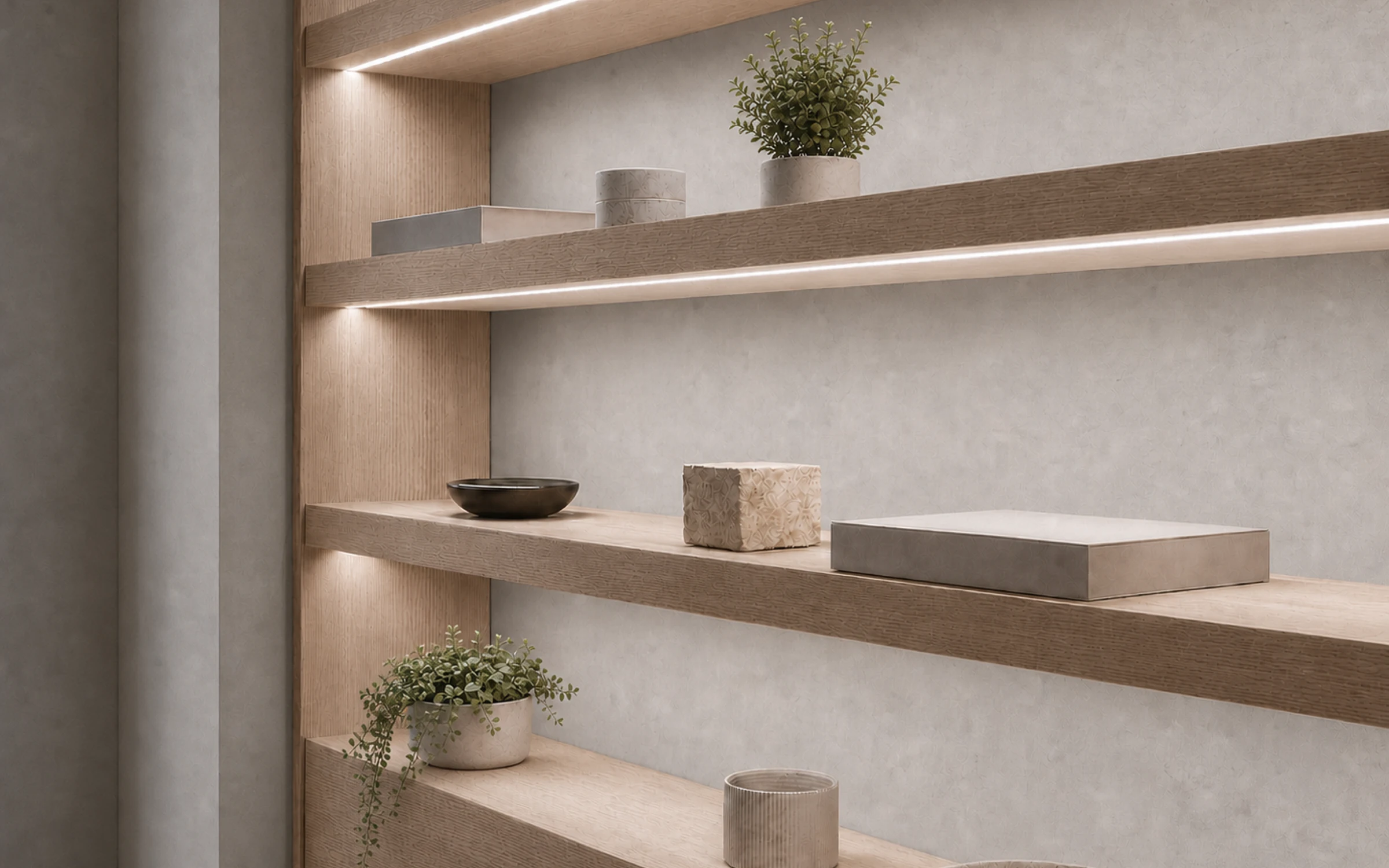 LED strip lighting integrated below architectural shelving