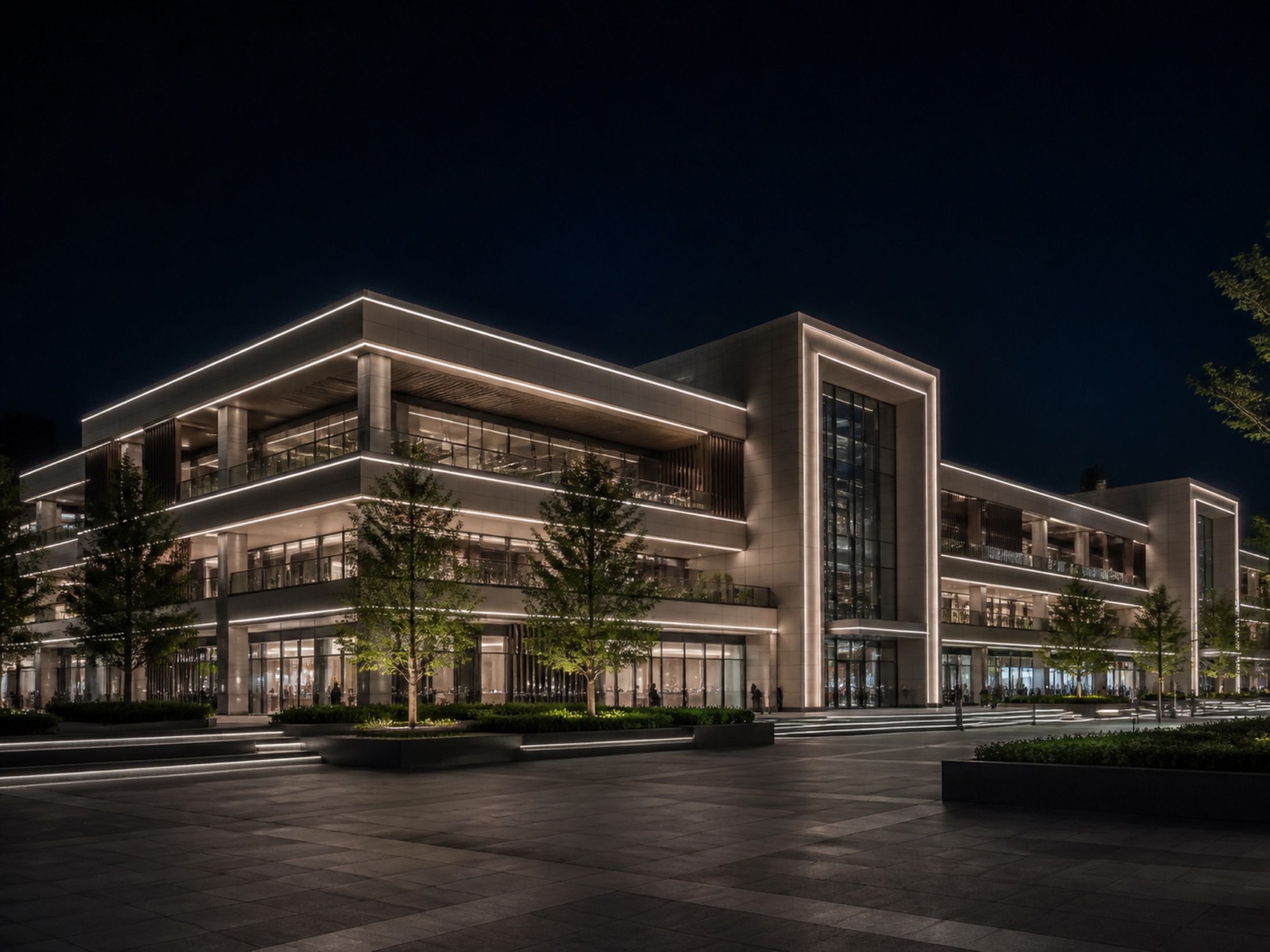 Continuous linear lighting defining an architectural facade