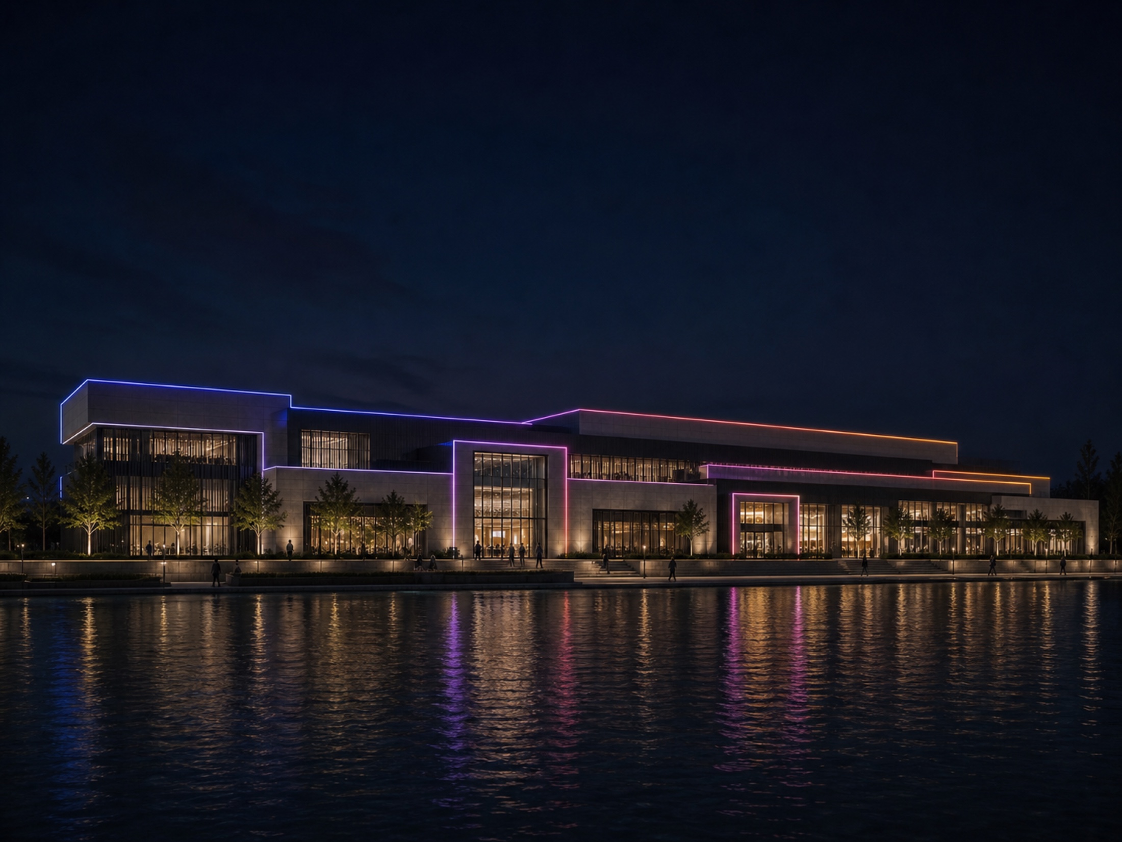 Colour-changing linear lighting defining facade edges