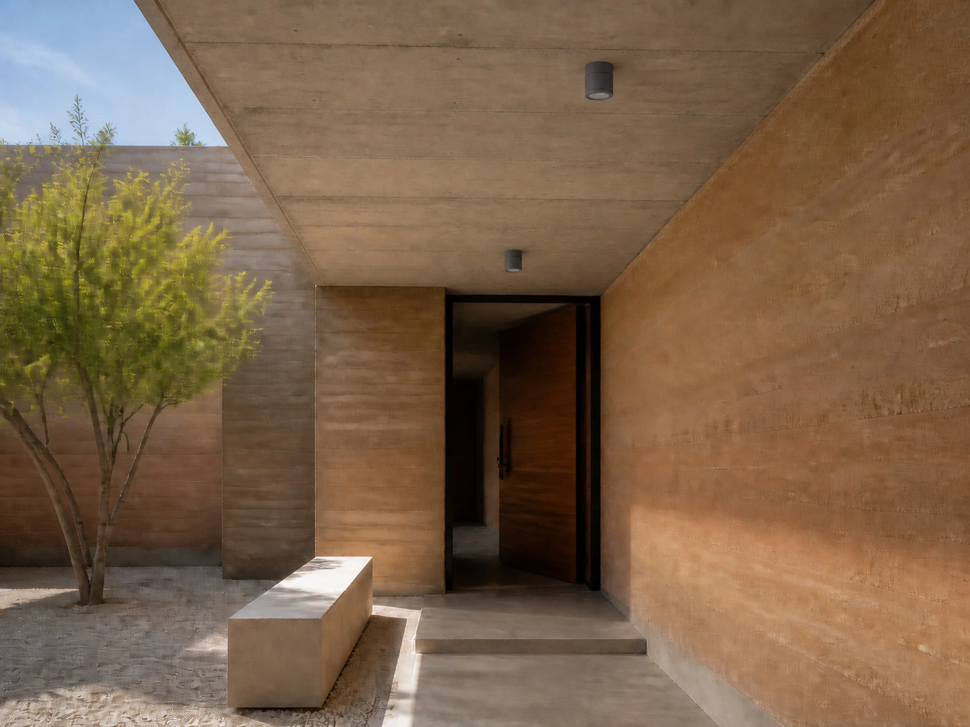 ODL01-20W outdoor surface downlights beneath a rammed-earth canopy