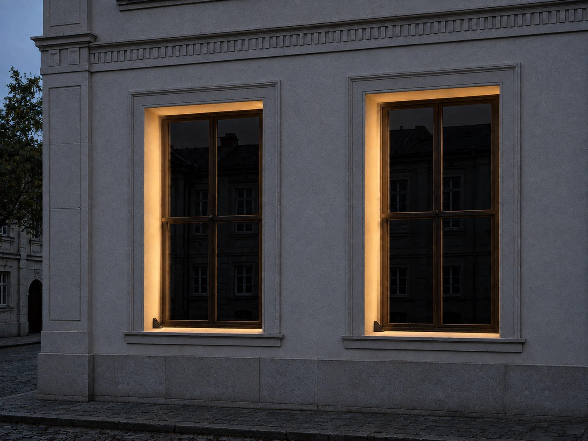 WB02 window blade lights mounted in the lower corners of two exterior windows at dusk