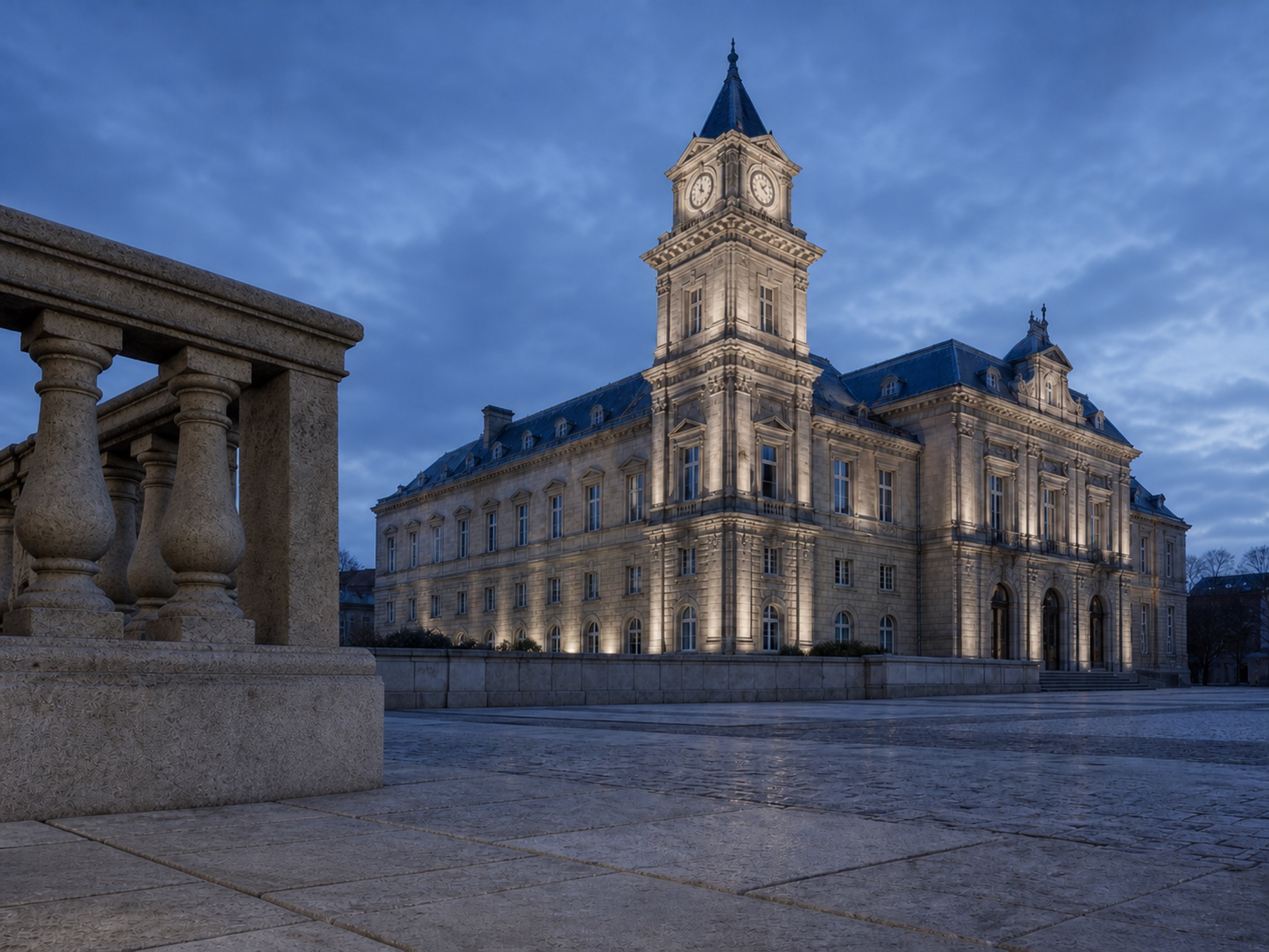 Civic architecture illuminated with outdoor projectors