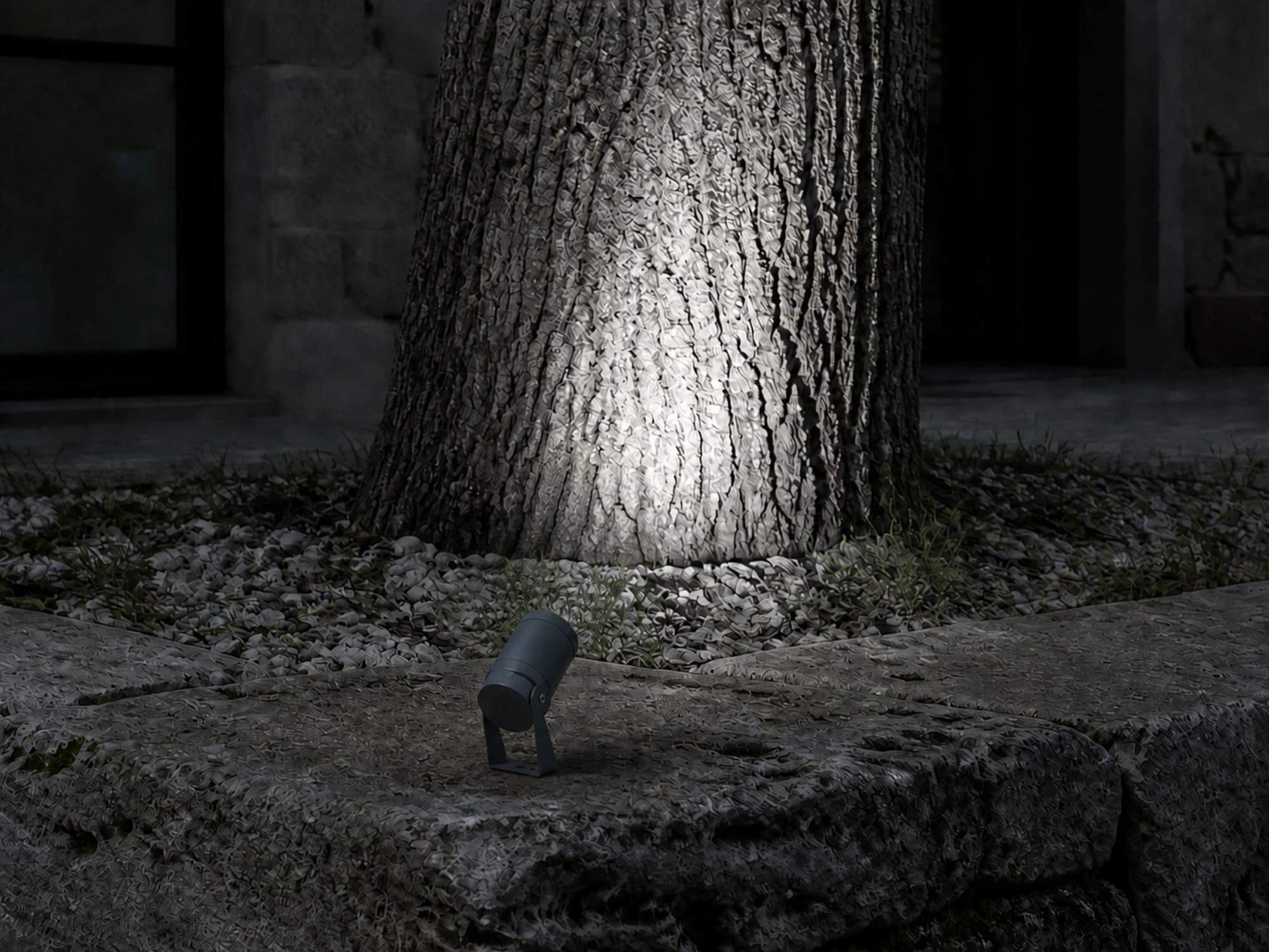 PJ04-18W projector illuminating a mature tree from a stone edge