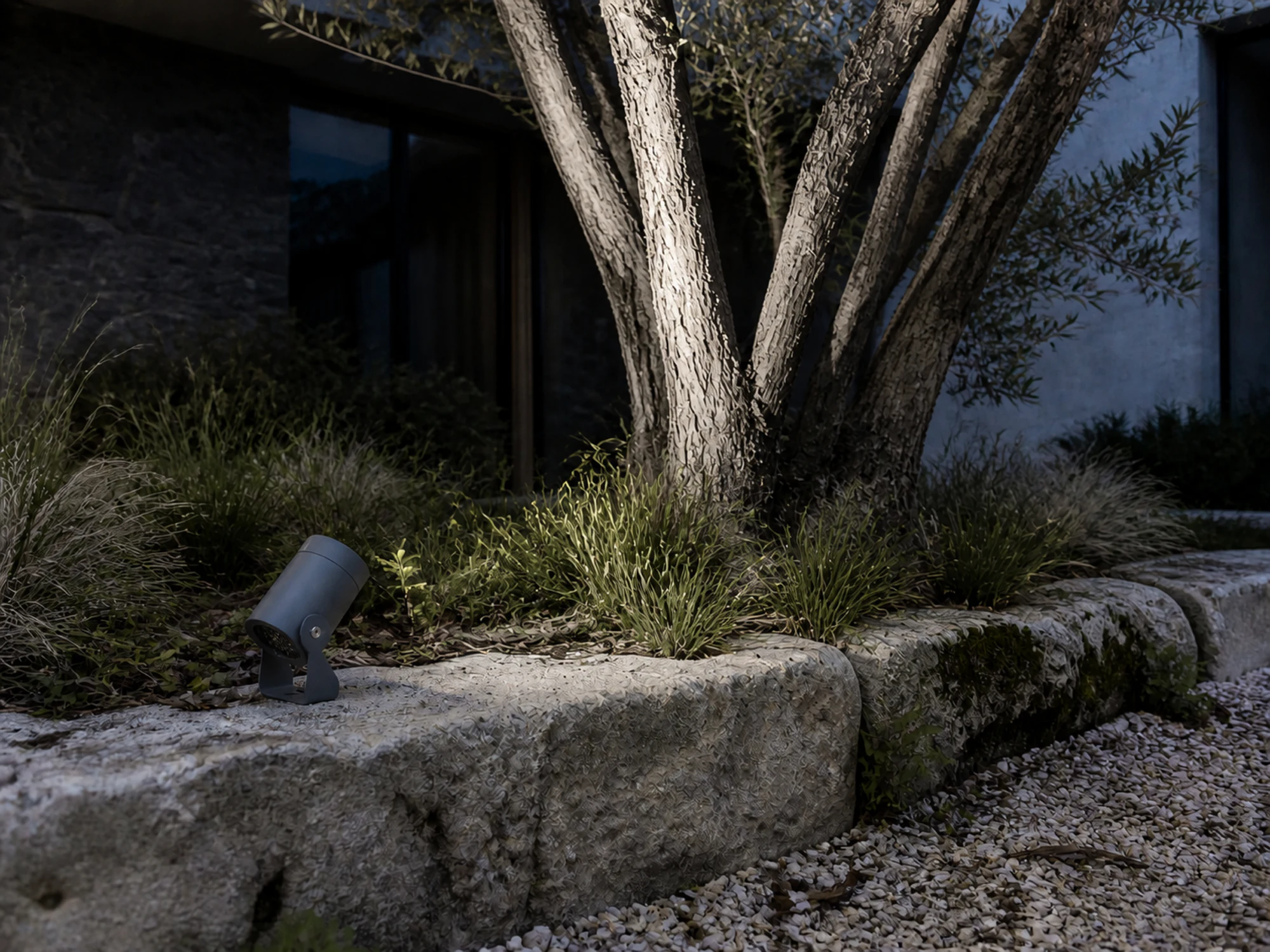 PJ04-5W projector used beside a garden tree