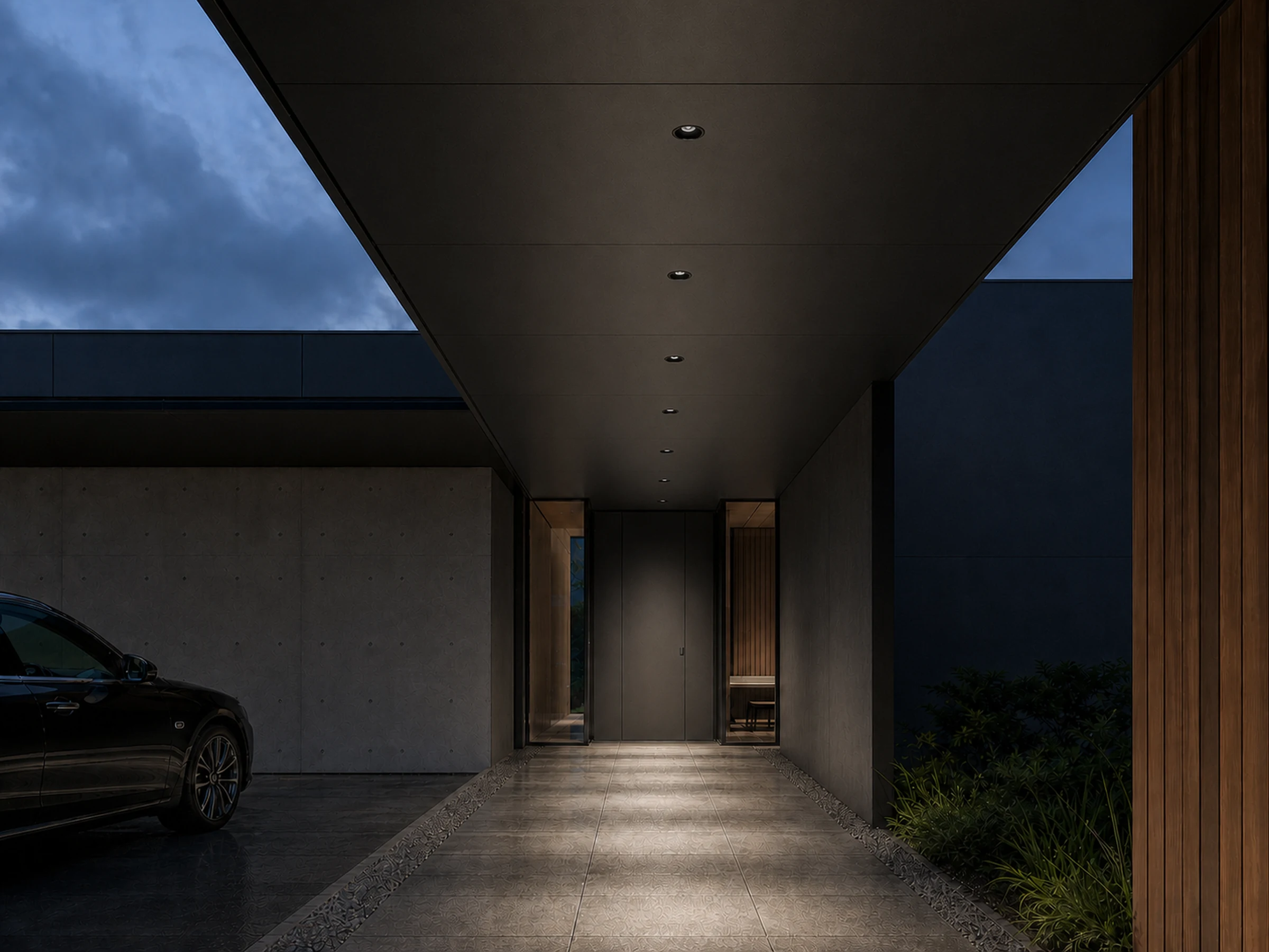 Prov outdoor recessed downlights along sheltered circulation
