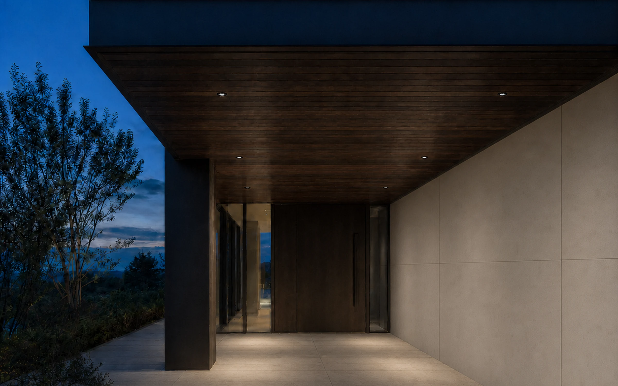 Prov outdoor recessed downlights illuminating a covered entrance