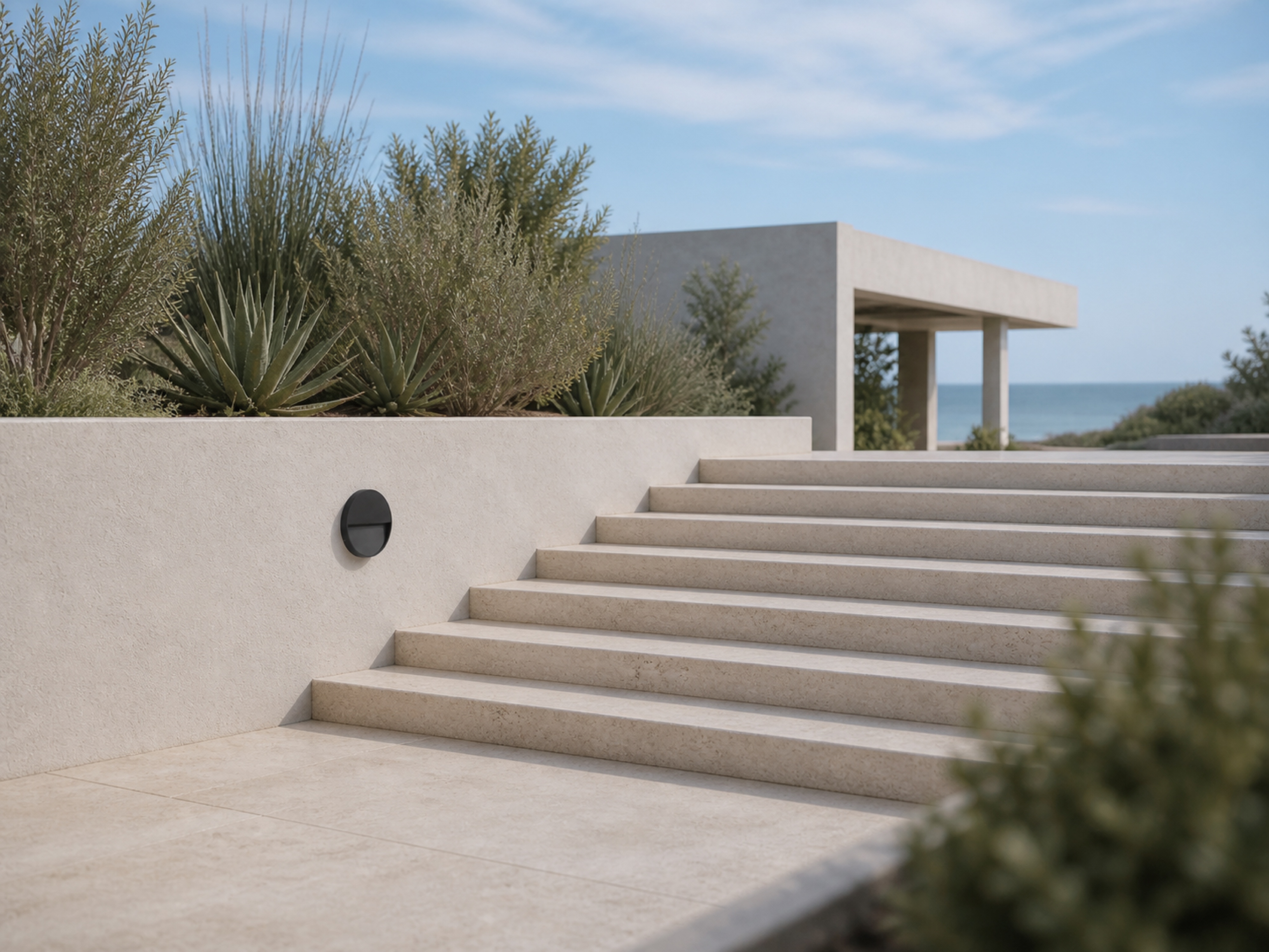 SL01 round step light integrated beside exterior stairs in daylight