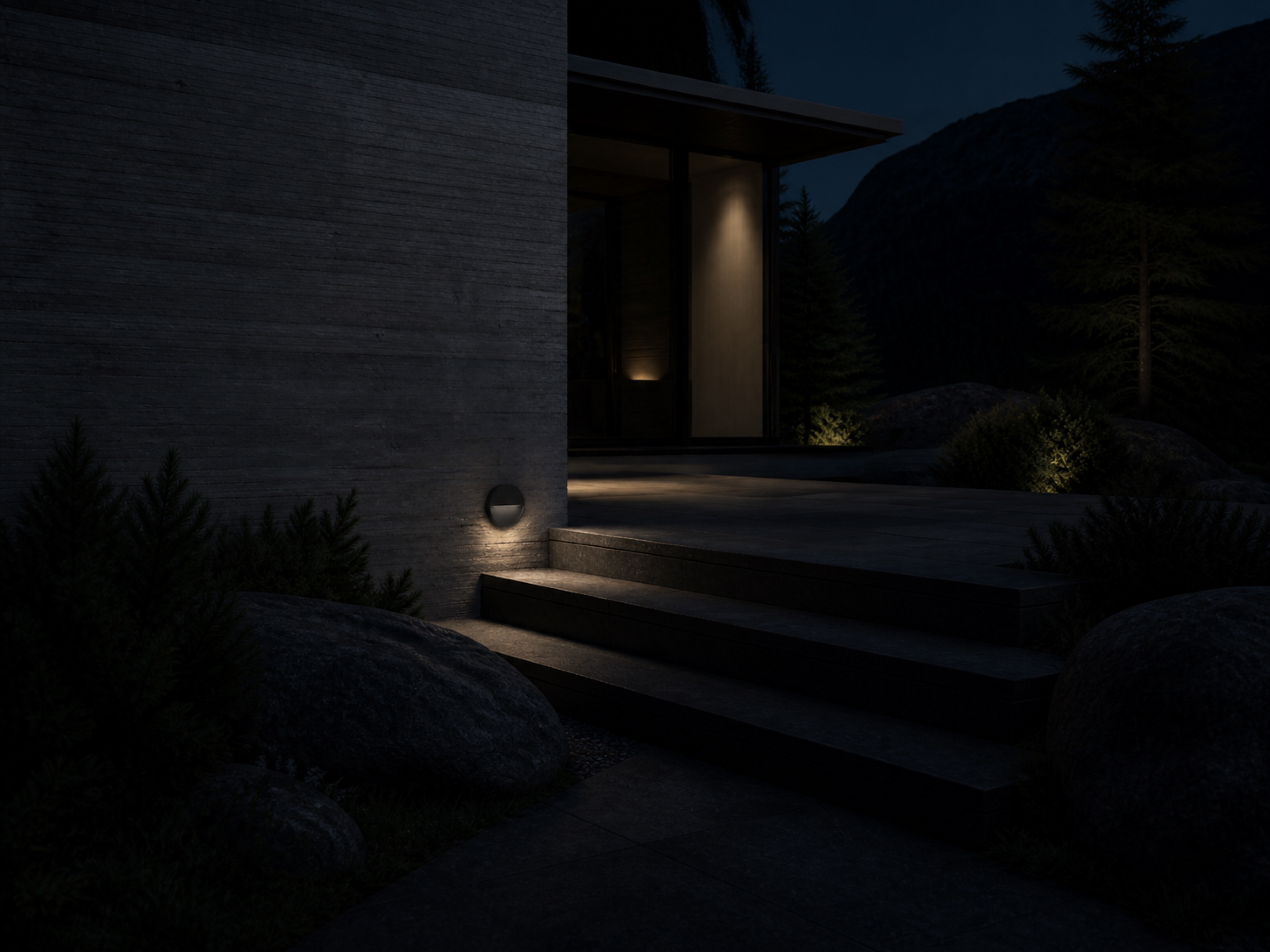 SL01 round step light guiding exterior stairs after dark