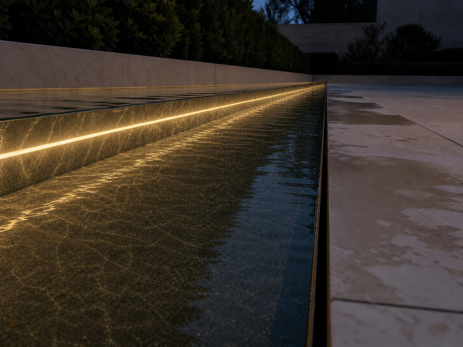 Warm white Underwater Neon IP68 installed along a submerged architectural water feature