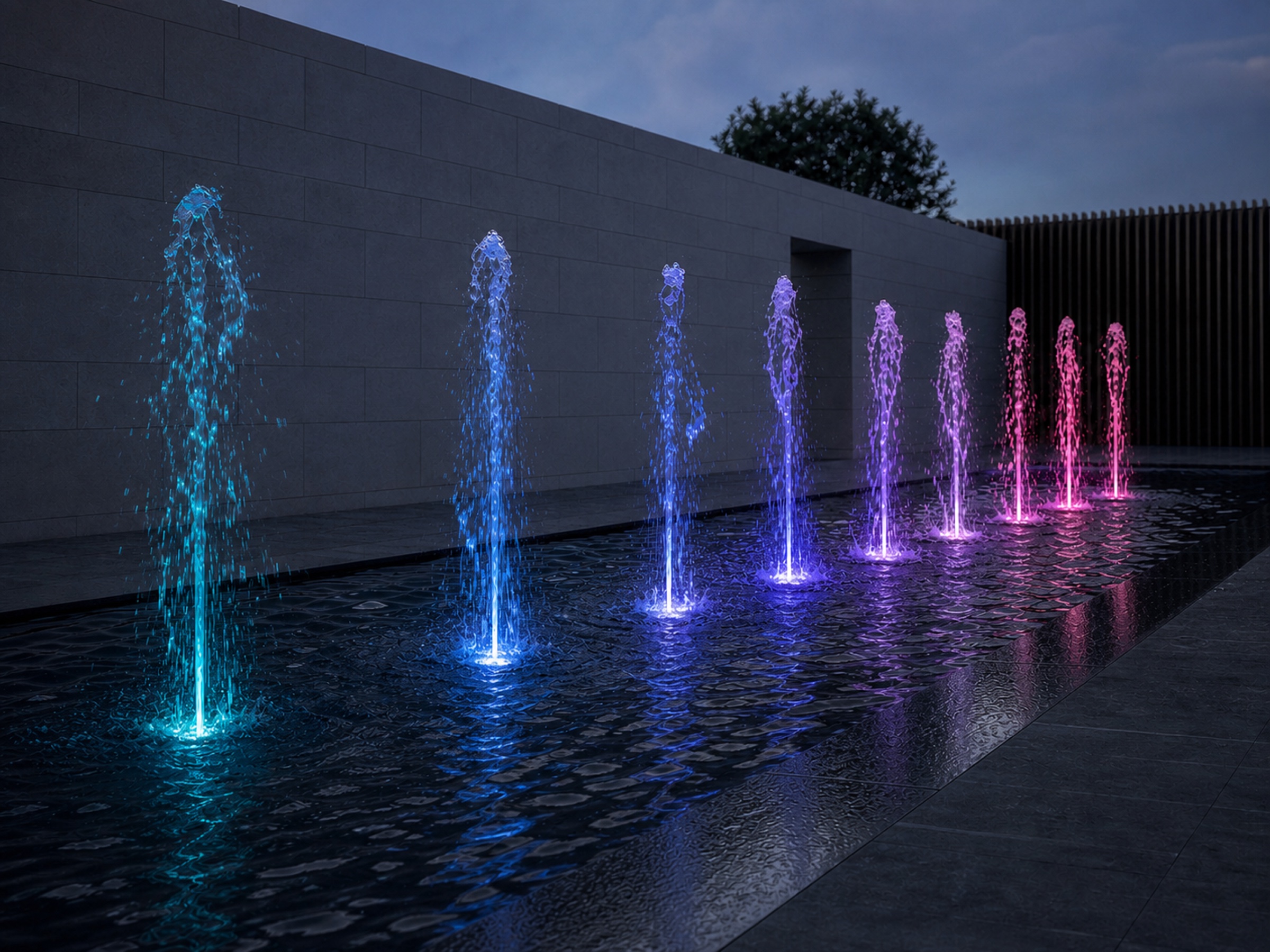Linear courtyard fountain illuminated by UW02 fountain lights