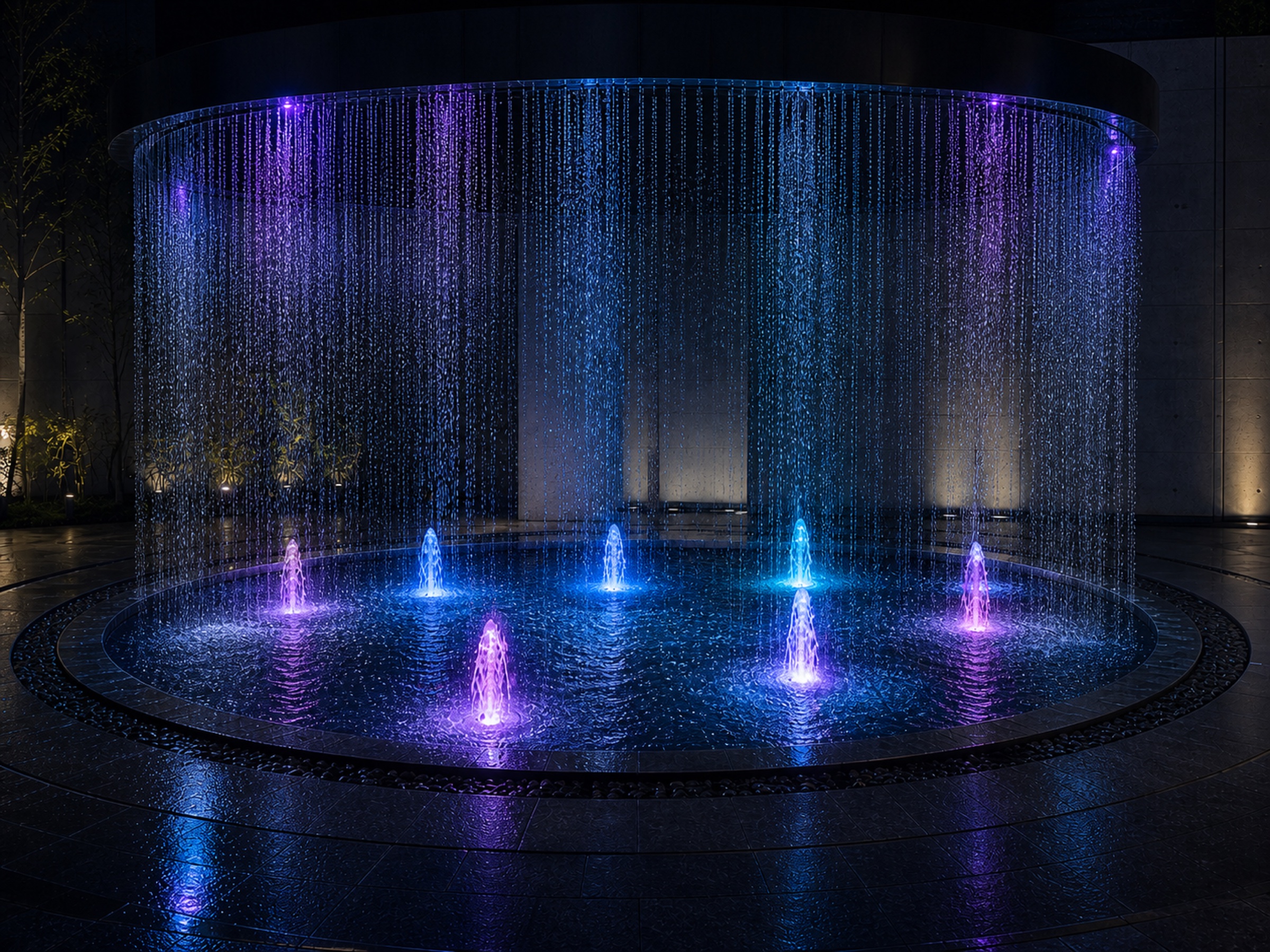 Circular rain curtain fountain illuminated by UW02 fountain lights