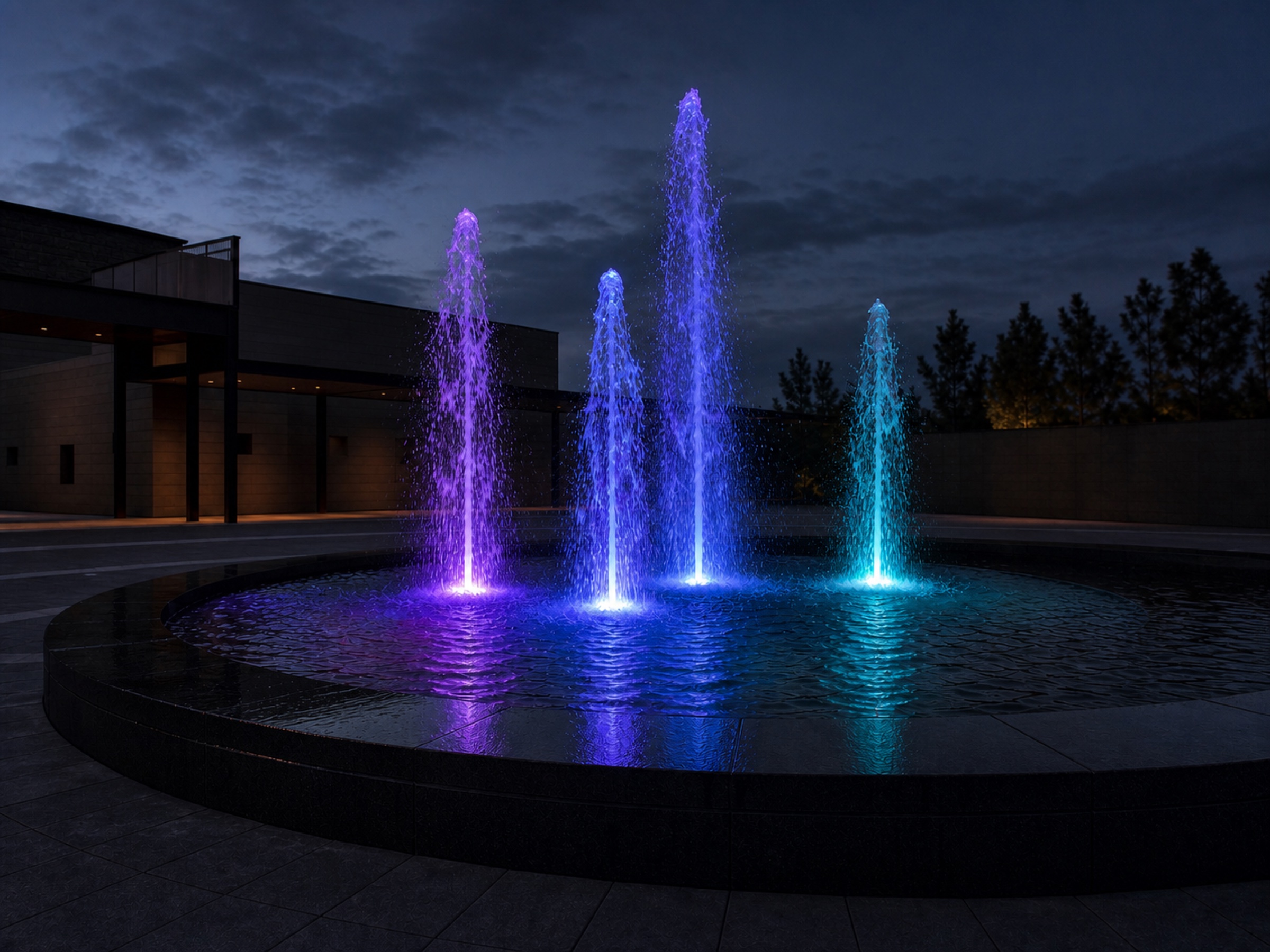 Large circular fountain illuminated by UW02 fountain lights