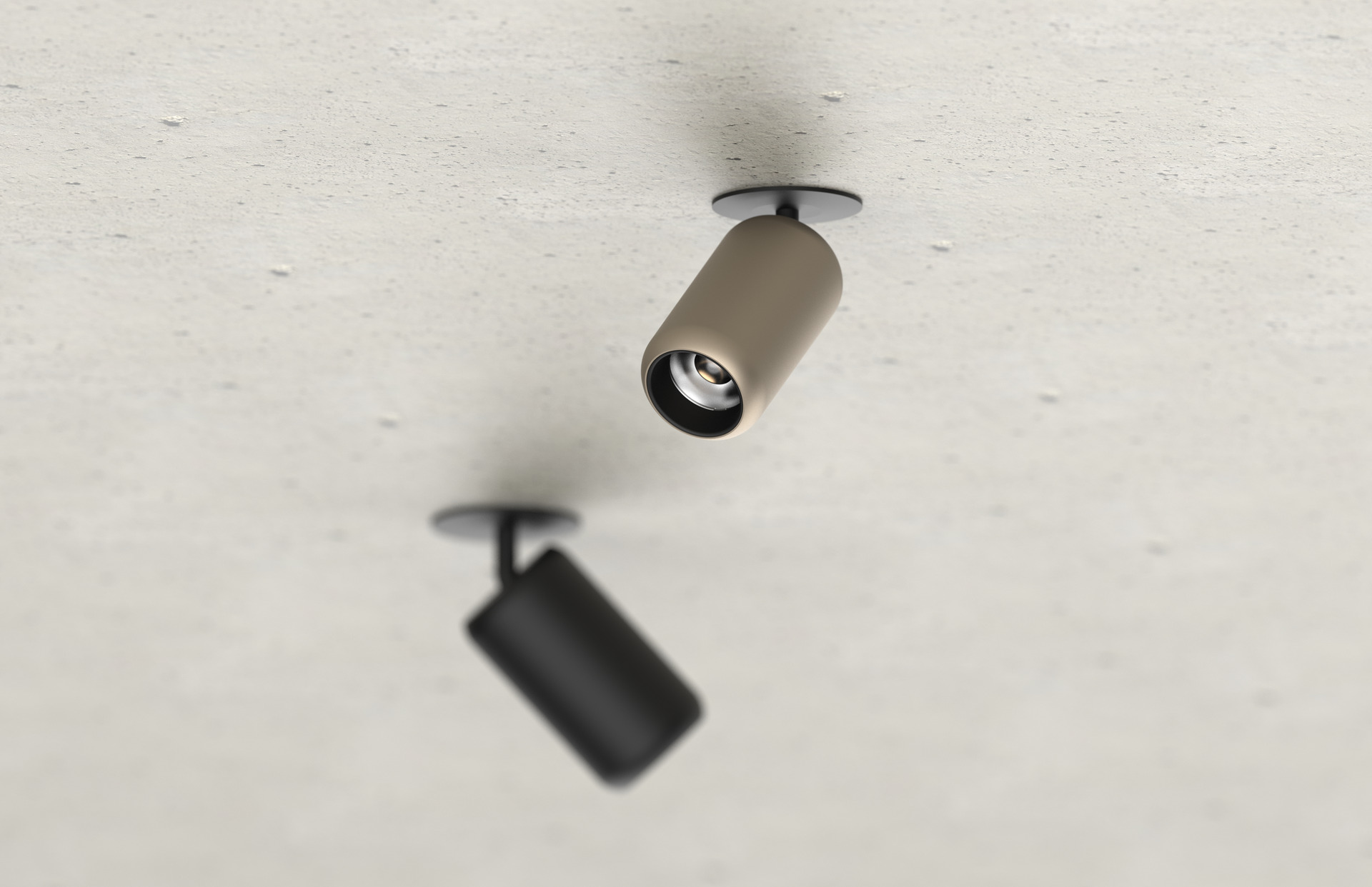 VARO SP040A recessed spotlights in black and gold on a concrete ceiling