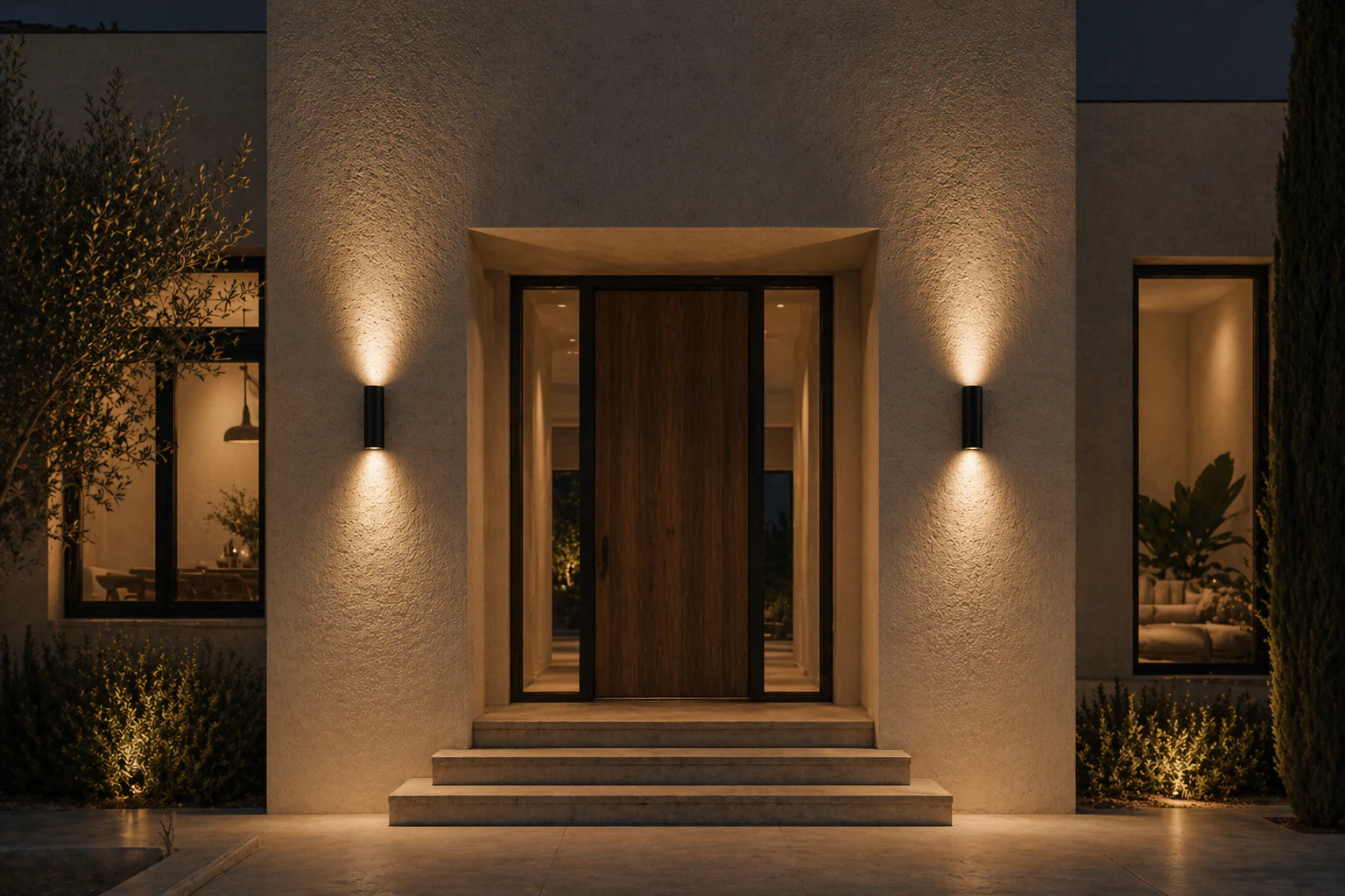 WL03D wall lights casting upward and downward light around a residential entrance