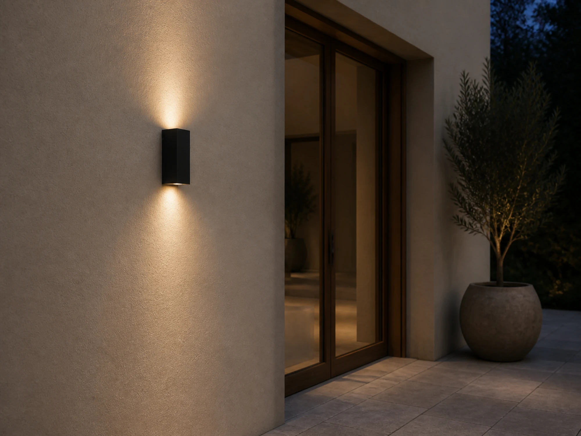 WL04D square wall light casting upward and downward light beside an entrance