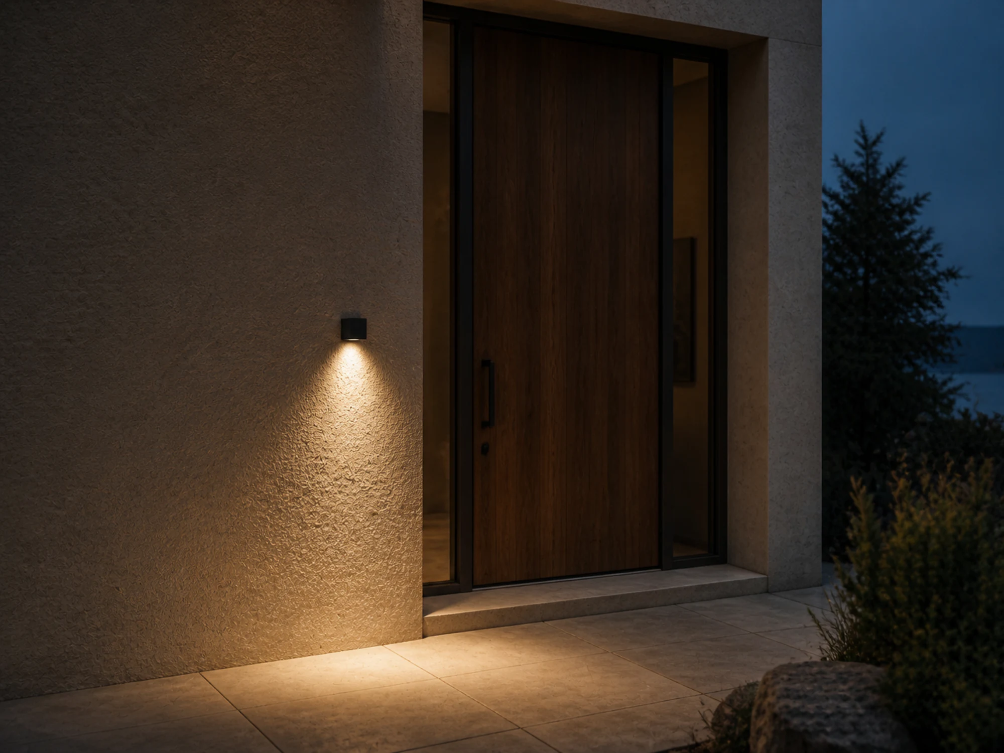 WL04 square wall light casting controlled downward light beside an entrance