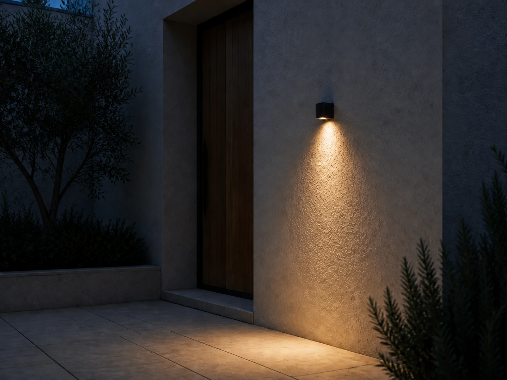WL06 ribbed square wall light casting downward light beside an entrance