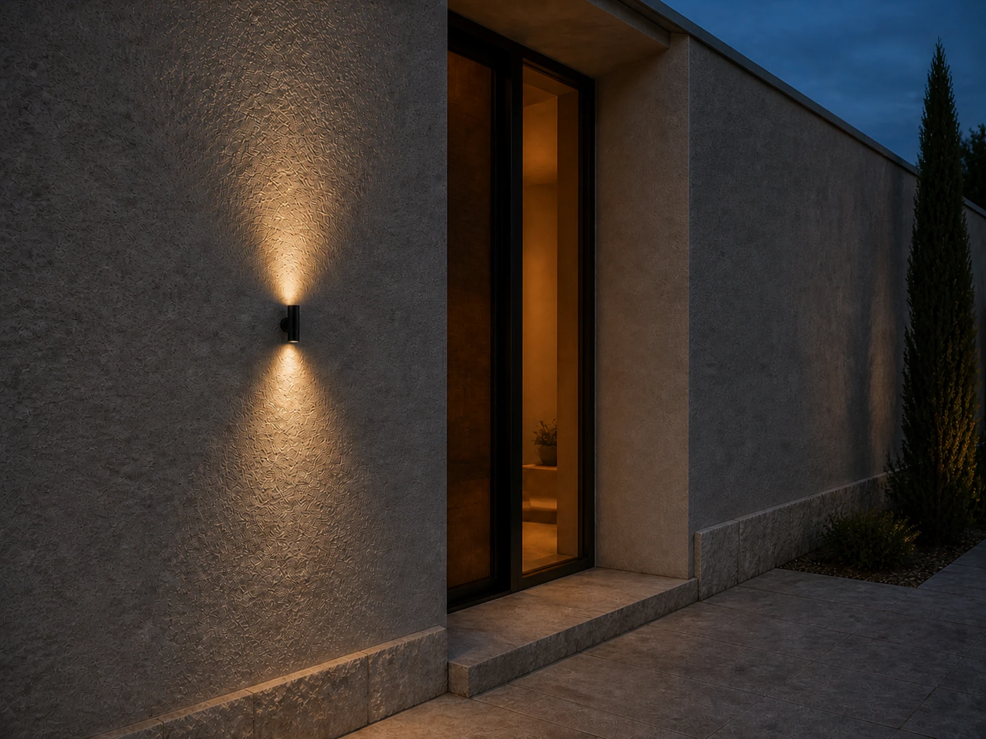 WL07D up and down wall light illuminating a residential entrance at night