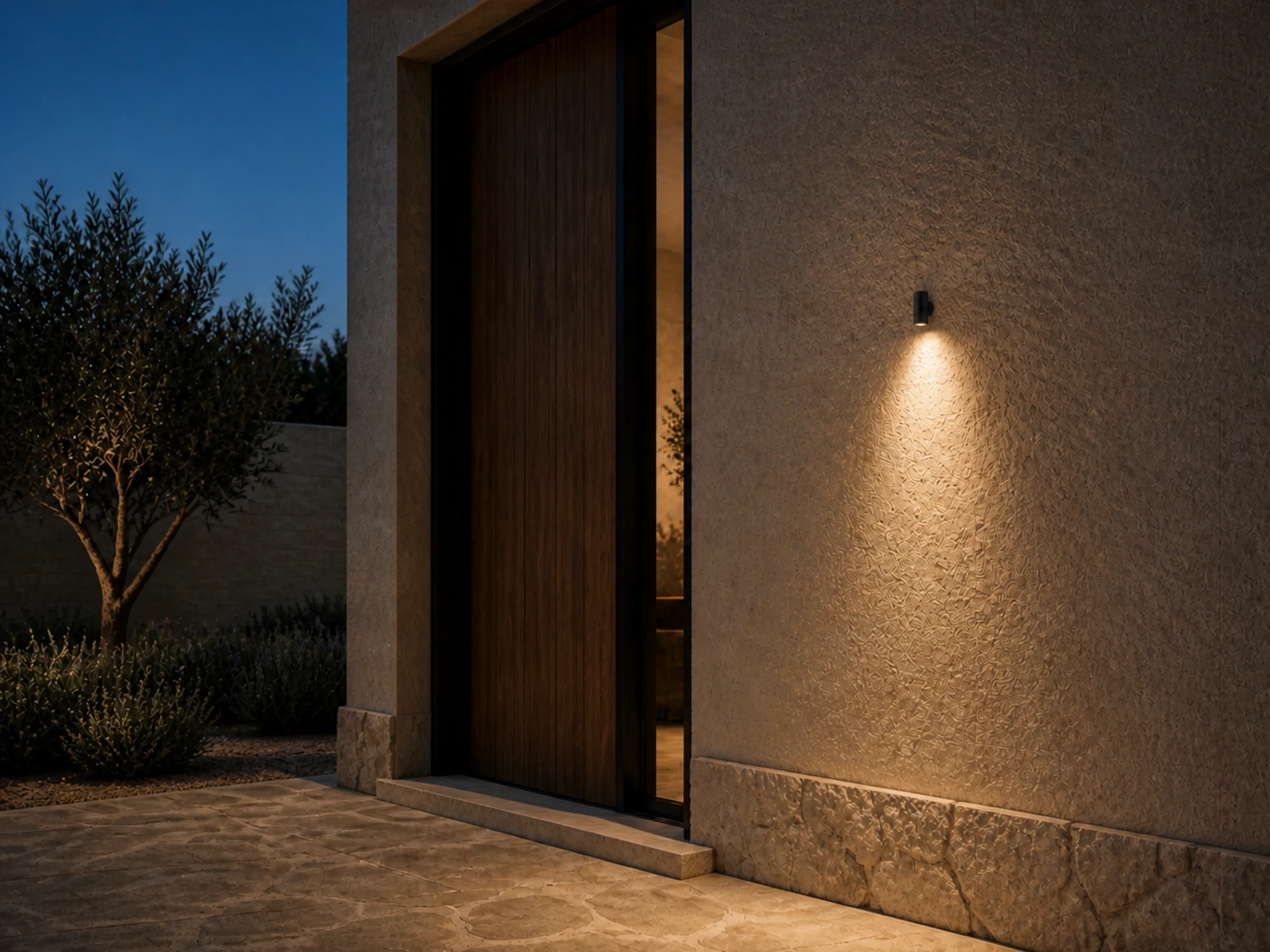 WL07 wall light illuminating a residential entrance at night